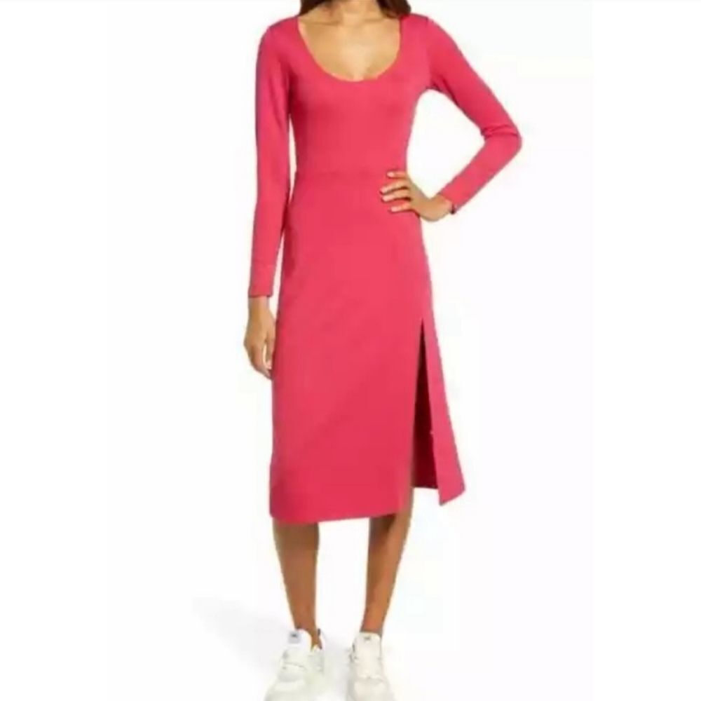 Leith Ladies Size Medium Pink MidiโScoopneck Long Sleeve Dress with Side Slit